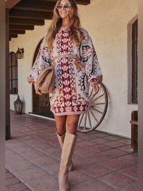 NWT Vici Cream & Red Patterned Knit Sweater Dress